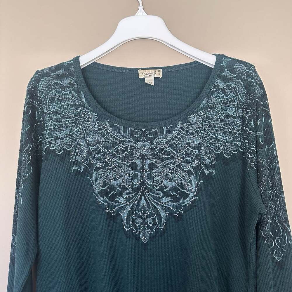 One World 2X Green Boho Tunic Length 3/4 Sleeve Top Thermal Waffle Knit Embellis - Picture 5 of 10